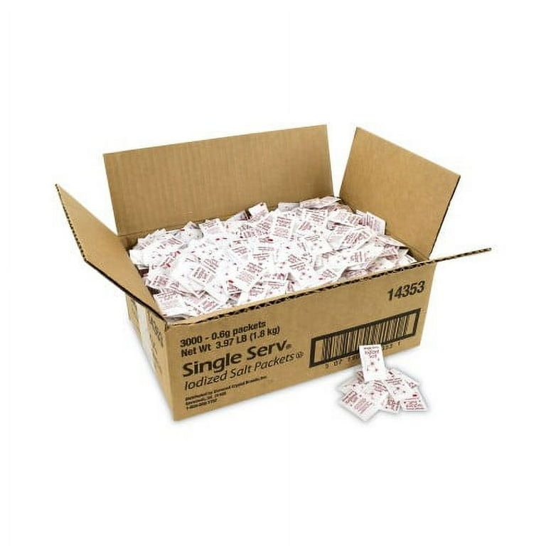 Iodized Salt Packet, 0.6 g Packet, 3,000/Carton, Ships in 1-3 Business Days Iodized Salt Packet, 0.6 g Packet, 3,000/Carton, Ships in 1-3 Business Days