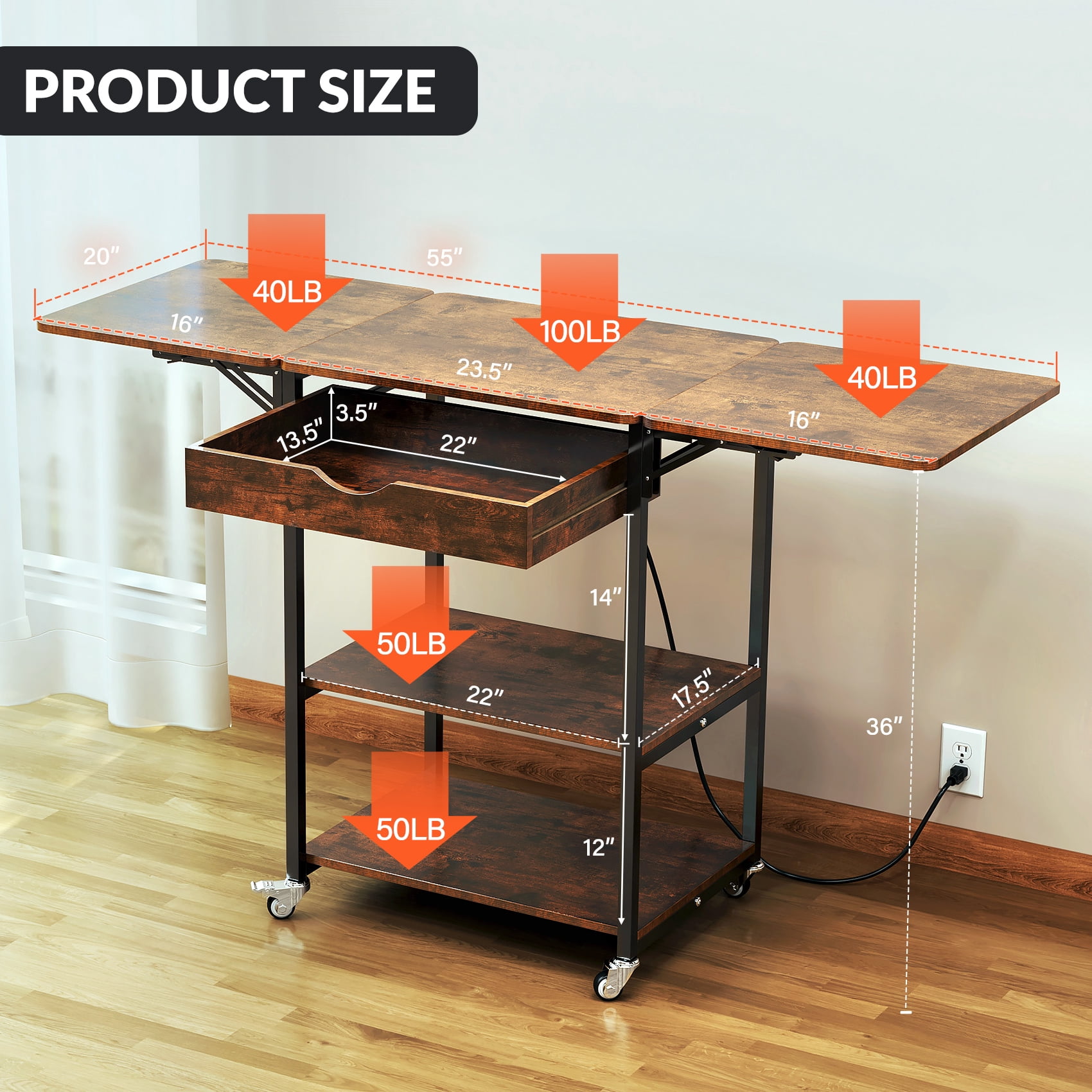 TC-HOMENY Foldable Heat Press Machine Stand w/ Charging Station, Mobile Heat Printer Cart w/ 3-Tier Storage & Drawer, Movable Heat Transfer Machine Workbench, Wooden