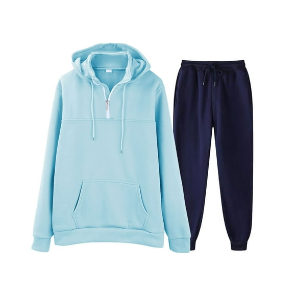 Ediodpoh Men's Suits 2024 Men's Track Suit Stand Collar Sweatshirt Long Sleeve Hoodie and Pant Suit Work Pants Breathable Two Roll Sleeve Track Suits Mens Light Blue XXXL