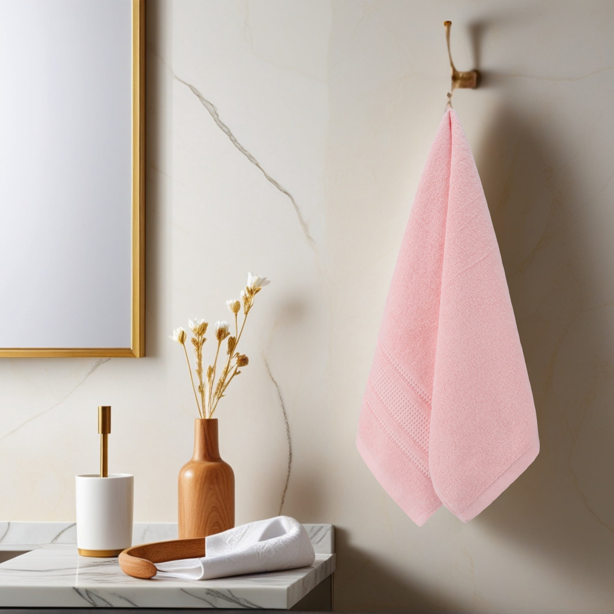 Unique Bargains 3 Pcs Solid Soft Hand Towels Pink/Brown 13" x 29"/6" x 15"
