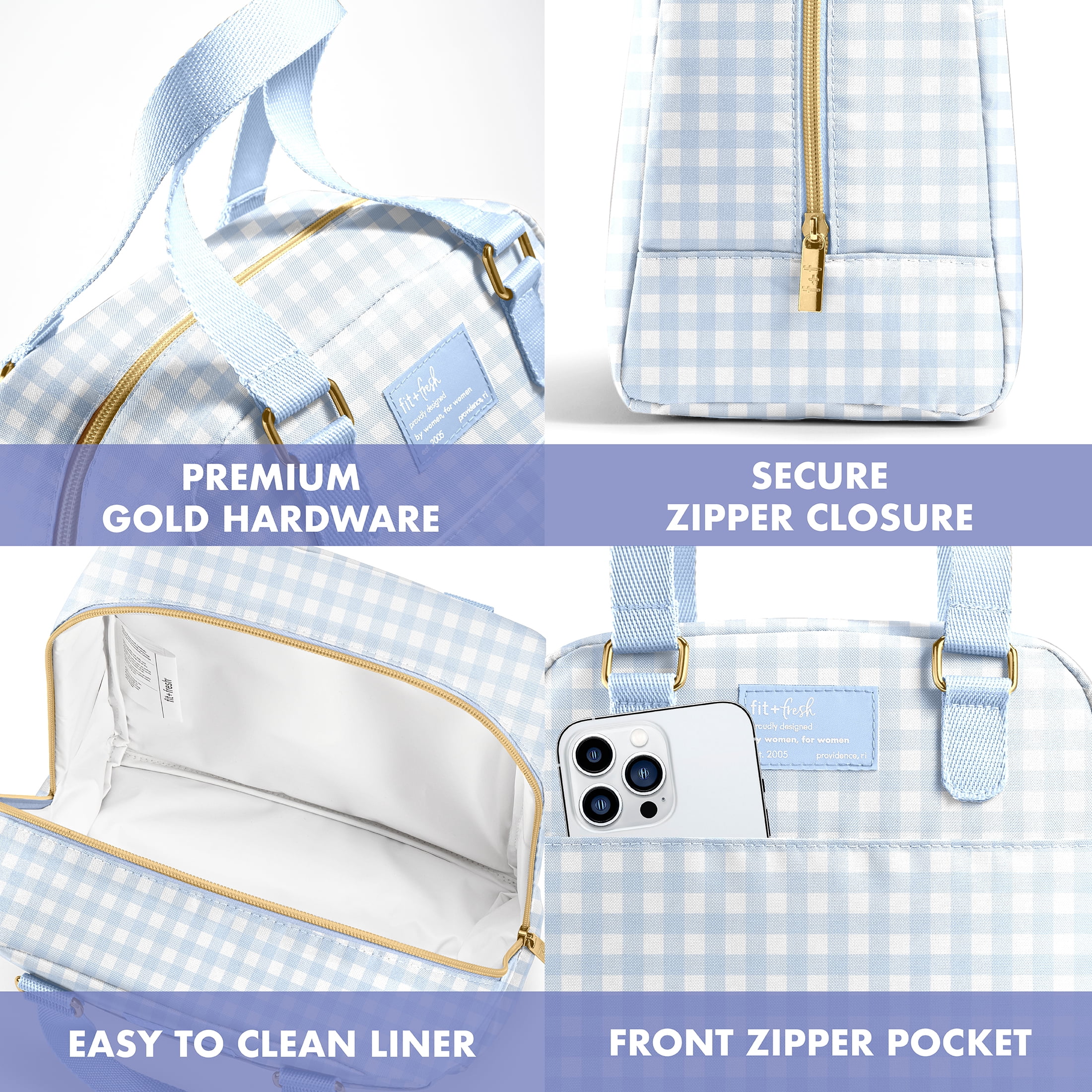 Fit & Fresh Minneola Lunch Bag for Women, Large Lunch Tote, Reusable Insulated Lunch Bag for Work, Stylish Lunch Box, Blue Gingham, Designed to Help with Packed Lunches and Daily Commutes