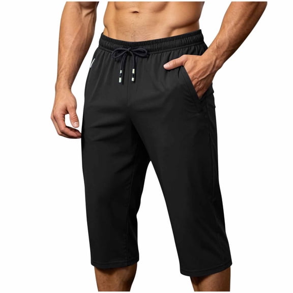 LODIENY Mens Large Size (M-5XL) Straight Leg Capri Pants Loose Fit Lightweight Breathable Drawstring Casual Sweatpants with Zipper Pockets Black XXXL