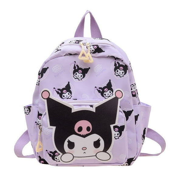 Cute Purple Kuromi cartoon-themed mini backpack, adjustable length with front and side pockets, perfect for toddler travel and as a lightweight school bag.