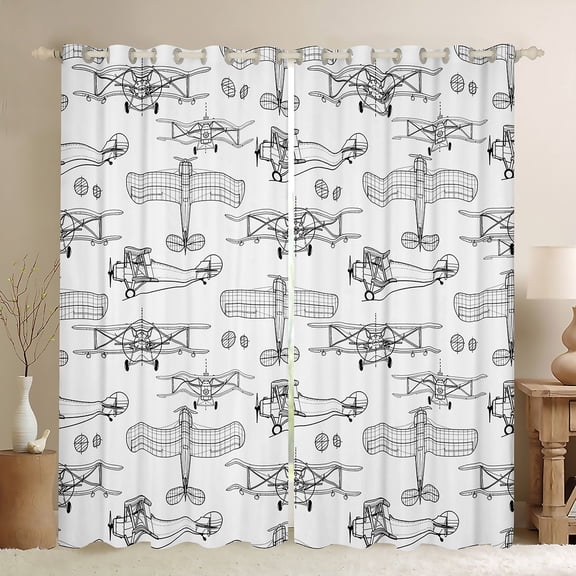 jejeloiu Aircraft Flying Black Out Curtains,Ancient Airplane Print Curtains Pack of 2 (42x63 Each),White Gray Bedroom Curtains For Boys Teens,Microfiber Bedroom Decor