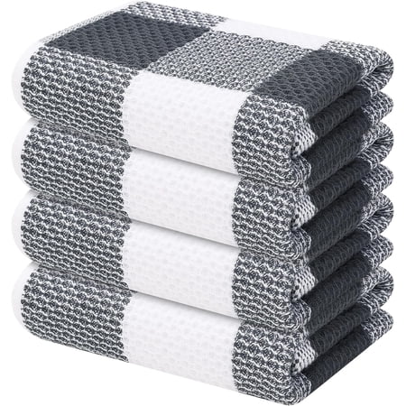 JJEAN-100% Cotton Waffle Weave Kitchen Towels 13 x 28 Inches Super Soft and Absorbent Buffalo Check Dish Towels for Drying Dishes 4-Pack White & Dark Grey