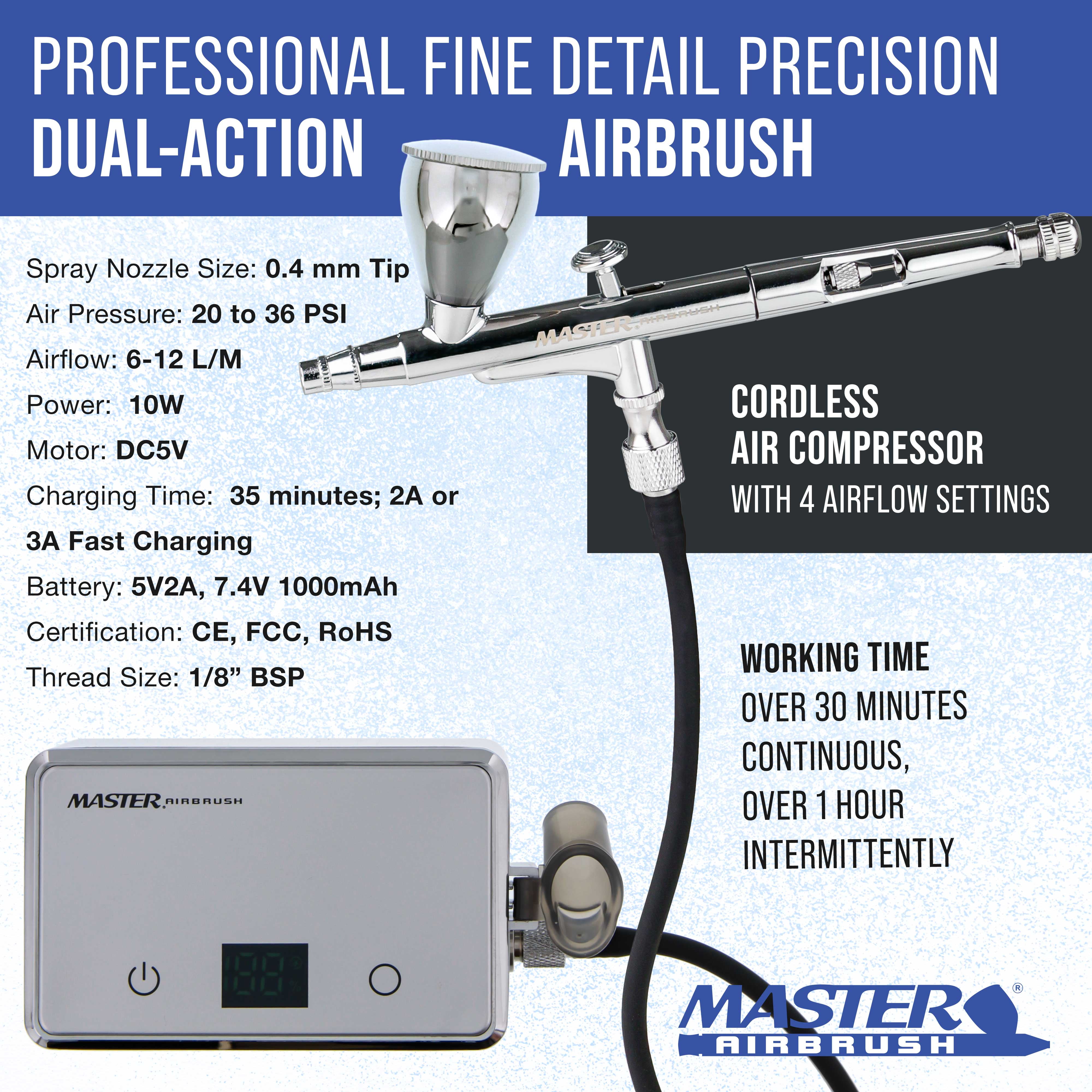 Master Airbrush Powerful Cordless Airbrushing System Kit - 20 to 36 PSI, Portable Rechargeable Air Compressor Professional Artist Set, How to Guide - Acrylic Paint, Makeup, Cake, Hobbies Crafts, Model