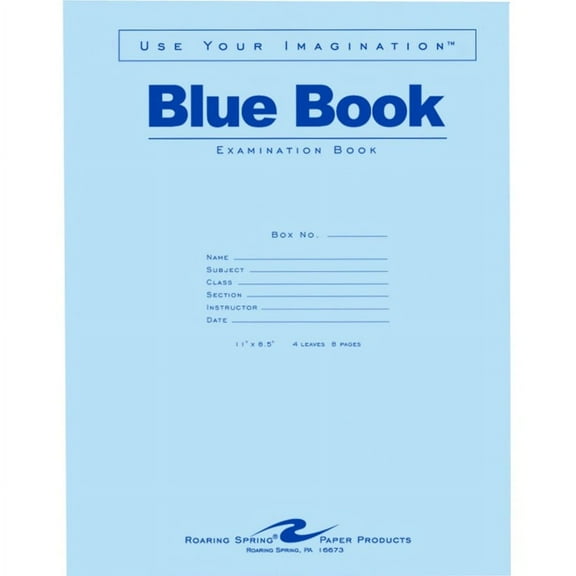 Roaring Spring Case of 600 Exam Books, 11"x8.5" , 4 sheets/8 pages of 15# Smooth White Paper, Wide Ruled W/ Margin, Heavy Blue Cover, Stapled