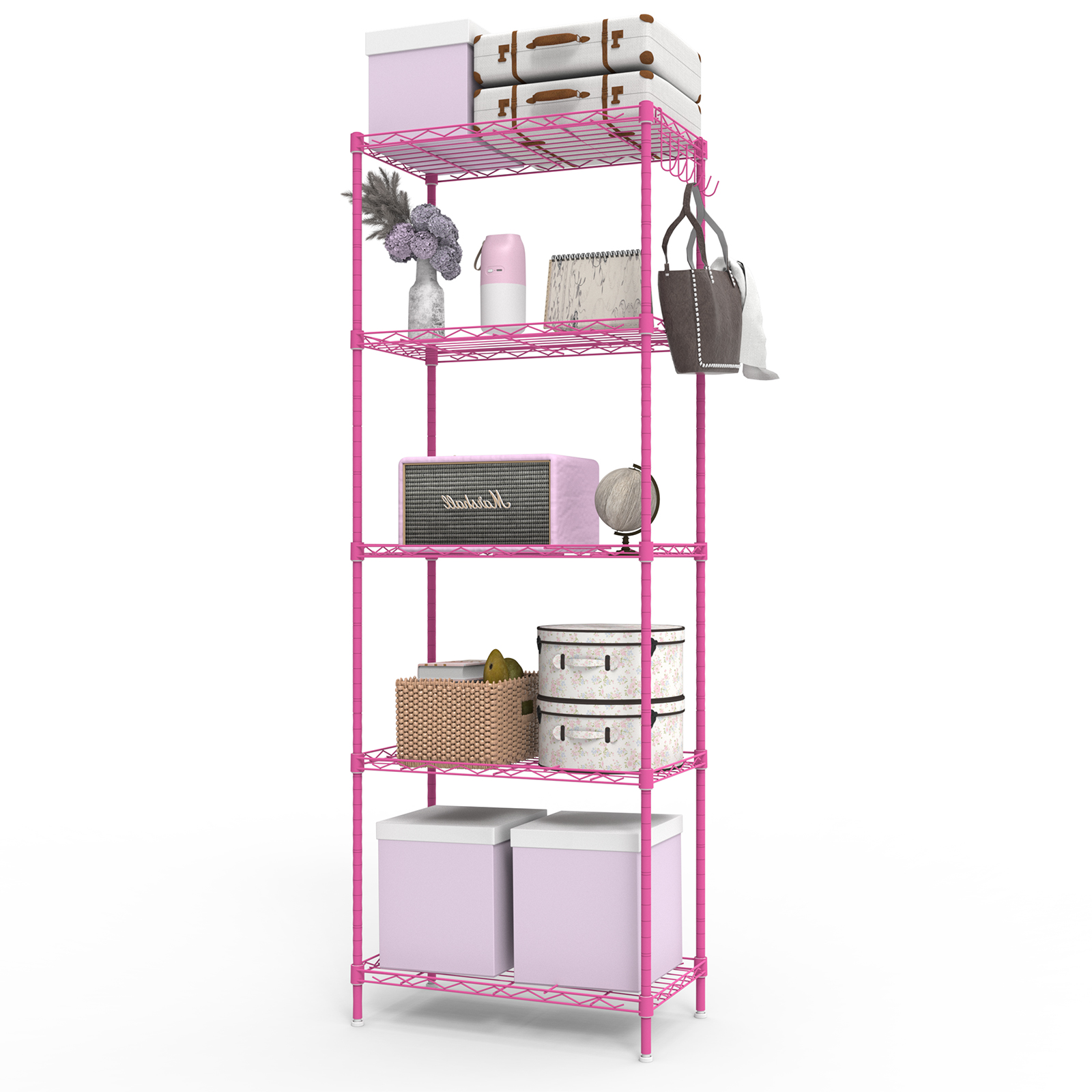 Ktaxon 5 Tier Layer 59"x21"x11.5" Storage Rack, Wire Shelving Adjustable Steel Storage Rack Organizer Kitchen, Barbie Pink