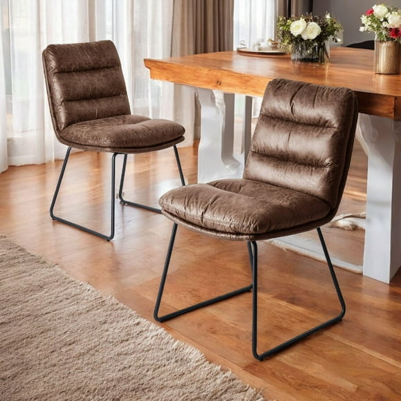 Homy Casa 2 Pack Upholstered Armless Dining Chairs, Brown Faux Leather Set of 2, for Compact Dining Spaces