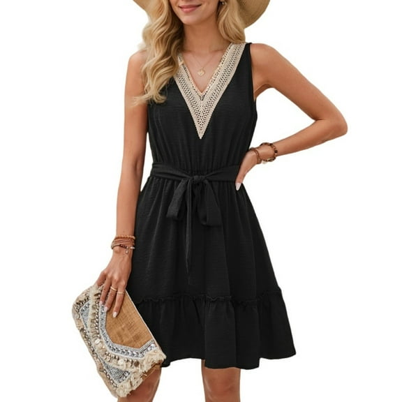 HVEOO Beach Dresses for Women Sleeveless V Neck Midi Dress Boho Summer Sundress, Black Size S
