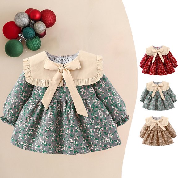 THDHVS Girls Long Sleeve Dress,Girls Floral Print Notched Lapel Dress Bow Tie Neck Long Sleeve Casual Maxi,Dresses for Girls 8-12 Months