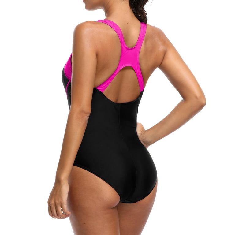 Womens Classic Athletic Swimsuits Jumpsuit Racerback Color Block One-Piece  Bathing Suit Training Swimwear Summer Beachwear