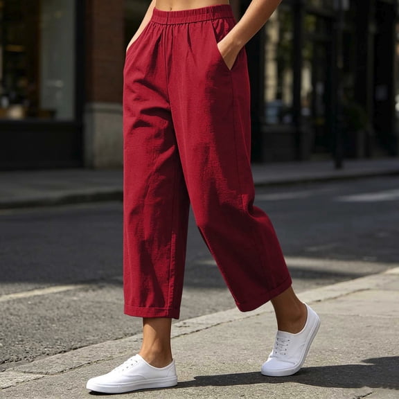 Utoimkio Women's Roll Cuff Cropped Linen Capri Pants Full Elastic Gathered High Waist Calf-Length Trousers with Inset Side Pockets for Summer Beach Casual Daily Wear