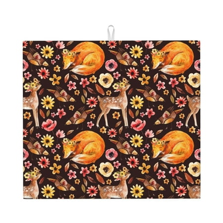

Xecao Woodland Creatures Floral Print Dish Drying Mat for Kitchen Counter Absorbent Coffee Bar Mat Dish Drainer Rack Mats Dining Room Decoration