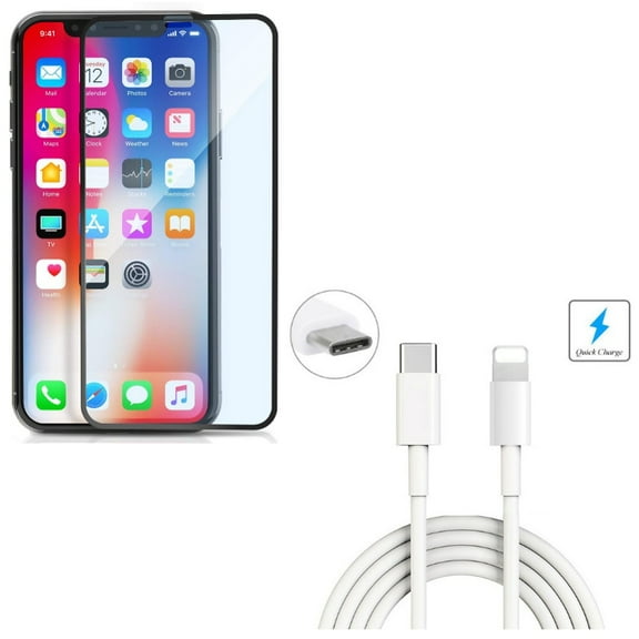 iPhone XS/X - 6ft USB Cable w Anti-Glare Screen Protector - Type-C to iPhone Charger Power Cord Sync Wire, Tempered Glass Matte 3D Curved Edge Anti-Fingerprint Case Friendly