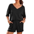 thumbnail image 4 of Zynoxe Womens 2 Piece Outfits Fashion V Neck Short Sleeve Top Elastic Waist Shorts Set Lightweight Breathable Summer Sets Versatile Casual Loose Solid Color Casual Loungewear with Pockets XL, 4 of 10