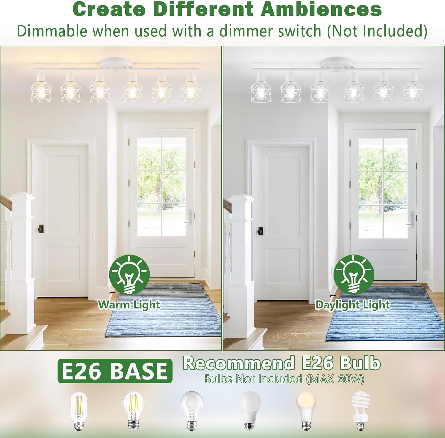 6-Lights Track Lighting Fixtures White Semi Flush Mount Ceiling Light with Metal Cage Kitchen Track Lighting Fixtures Ceiling Rotatable Close to Ceiling lamp for Entryway, Living Room, Hallw