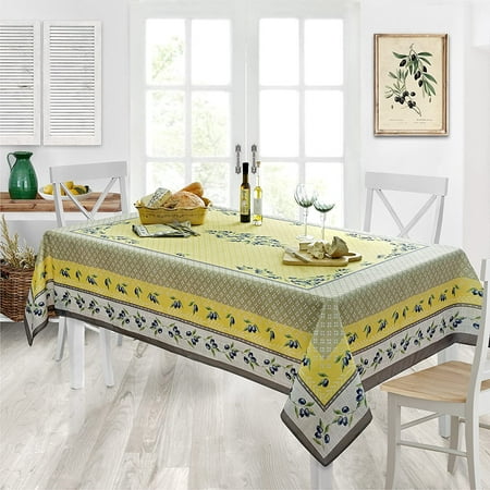 

Provence Olivier Yellow and Grey Olive Print Country French Fabric Tablecloth by Home Bargains Plus Indoor Outdoor Stain and Water Resistant 60” x 120” Oblong/Rectangle