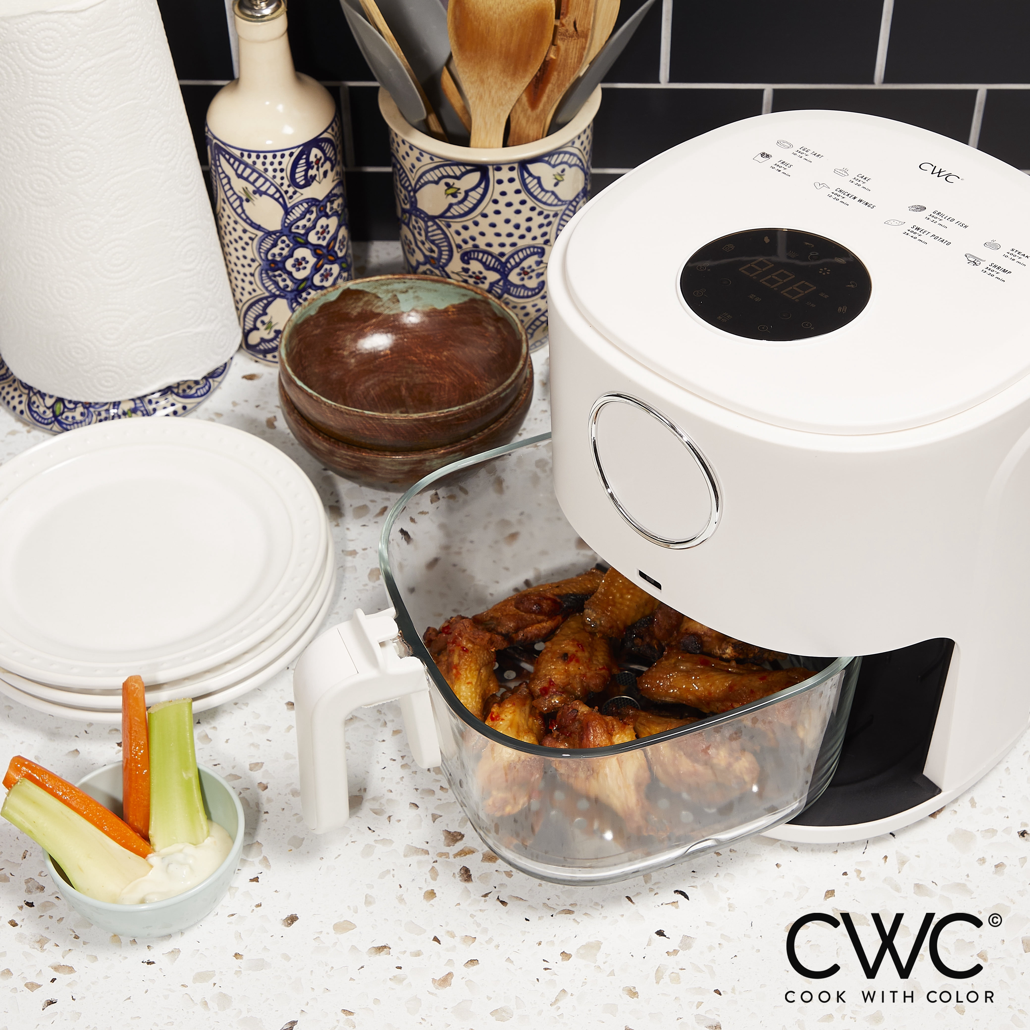COOK WITH COLOR Air Fryer, 4Qt Glass Air Fryer, 1200W, 6 Presets, Cream