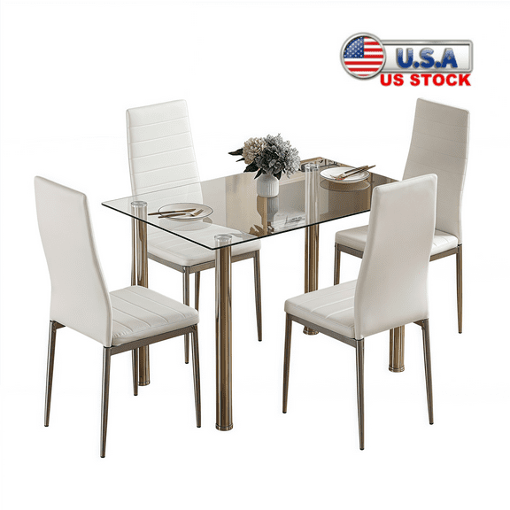 Tcbosik 5 Pieces Glass Dining Table Set, Modern Kitchen Table and 4pcs High Back White Dining Chairs, Dining Table Set for Dining Room Living Room Office Home