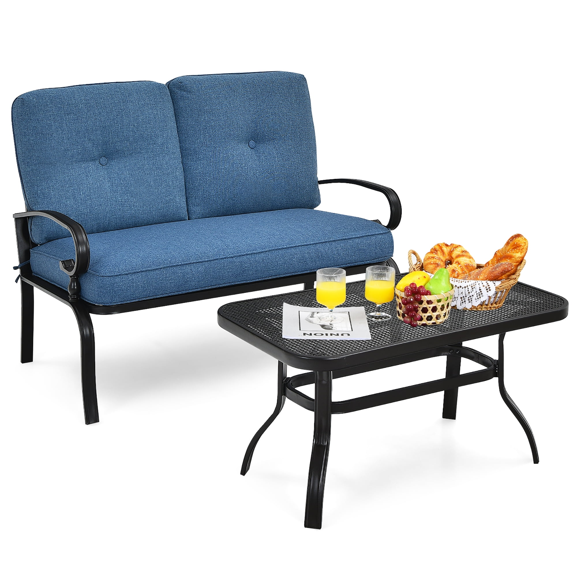 Costway 2PCS Patio Loveseat Bench Table Furniture Set Cushioned Chair Blue