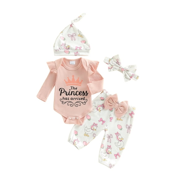 BemeyourBBs Preemie Newborn Baby Girls Hospital Going Home Outfits The Princess Has Arrived Letters Print Long Sleeve Romper Elastic Waist Pants Headband Hat Set Infant Baby Girl Clothes