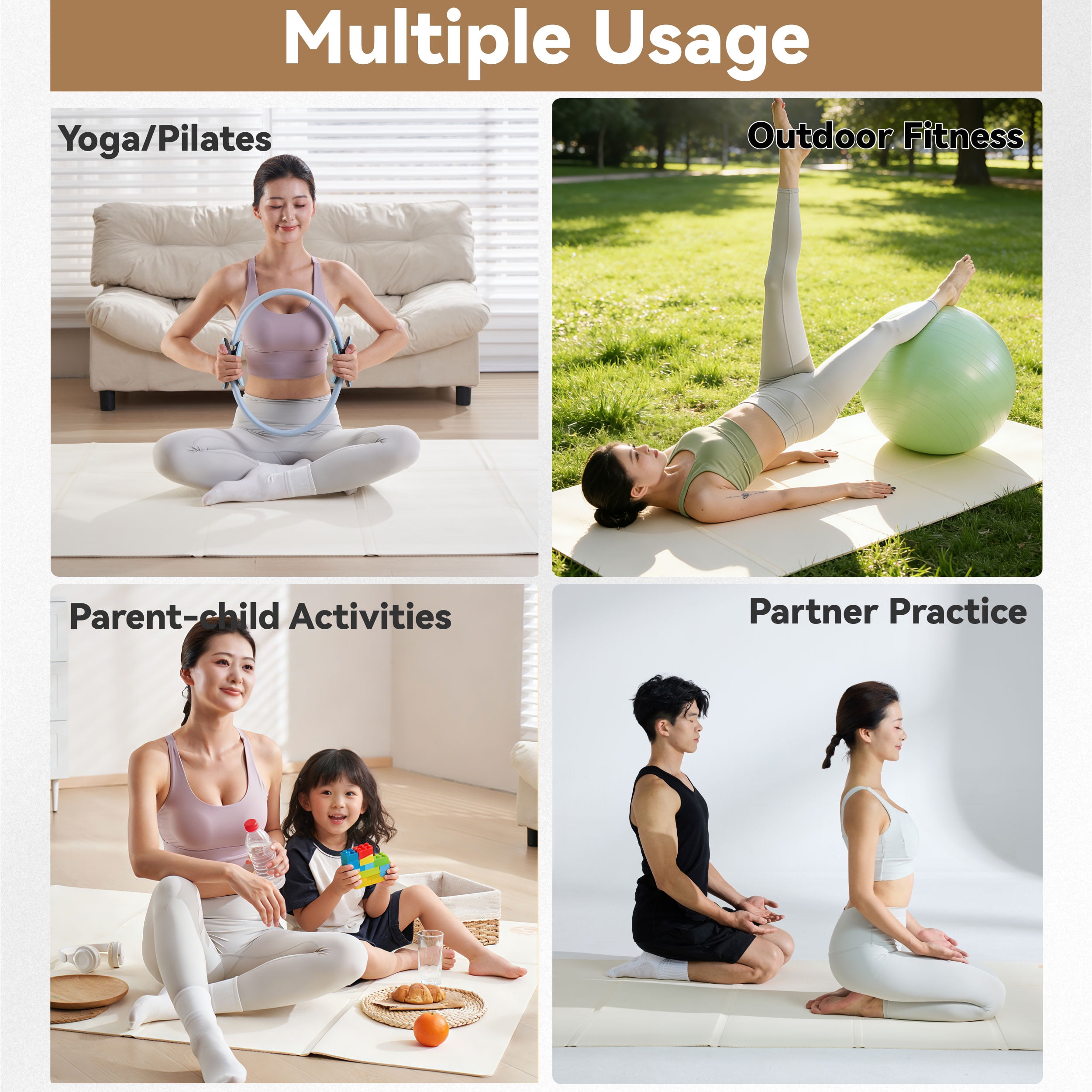 YR Foldable Yoga Mat Large 78"x51" 5mm Thick TPE Folding Fitness Mat for Home and Travel Workouts, White