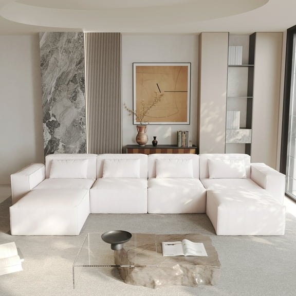 Sdorens 149.62" Modular Sectional Sofa,U-Shape Sofa Couch with Pillows,Comfy Sofa with Deep Seats for Living Room,Apartment(4 Seater Sofa with 2 Ottomans,Beige)