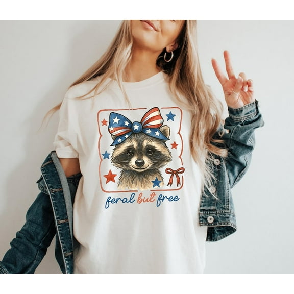Feral But Free Raccoon Shirt, Funny 4th of July Tee, Patriotic Raccoon Shirt, Independence Day Outfit, Cute Freedom Shirt, USA Raccoon Tee