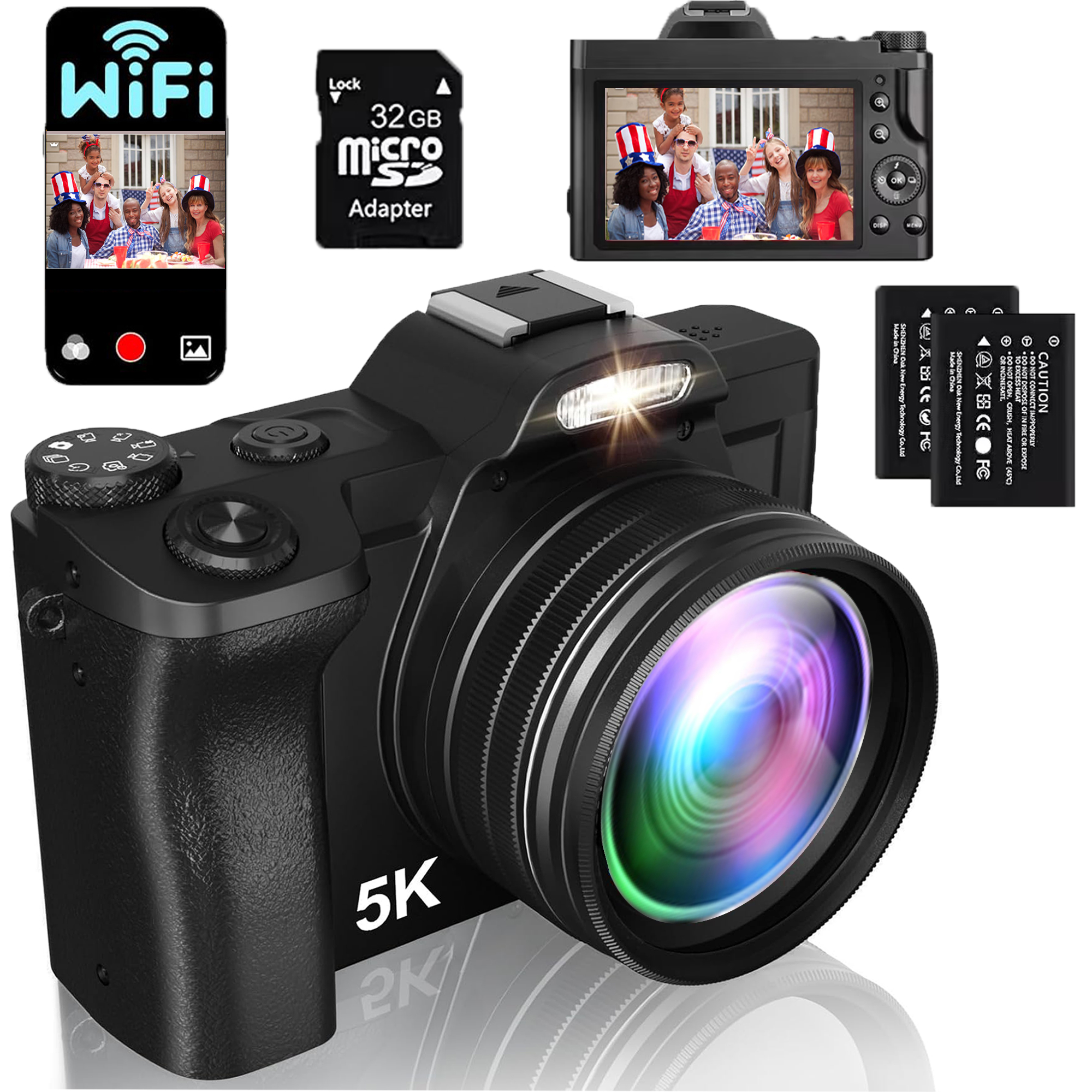 5K Digital Camera WiFi Autofocus Vlogging Camera 48MP Compact Video Camera for Youtube with 32G SD Card UV Filter