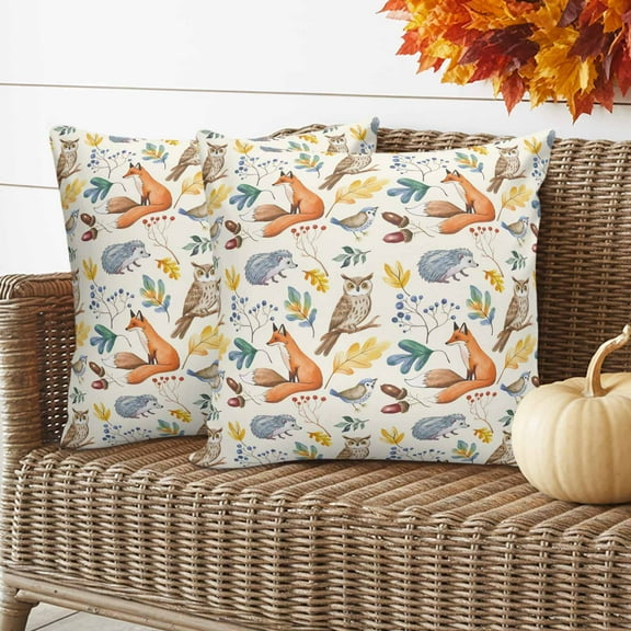 Outdoor Waterproof Pillow Covers Rustic Owl Fox Birds Fall Leaves Decorative Throw Pillow Protectors for Patio Sofa Garden Couch,18x18in 2 Pack