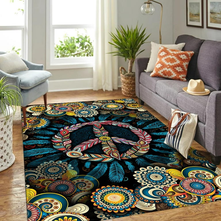 Rectangle Area Rug For Living Room Bedroom Hippie Peace Sign Mandala Thh3118r 5x8 Ft Com