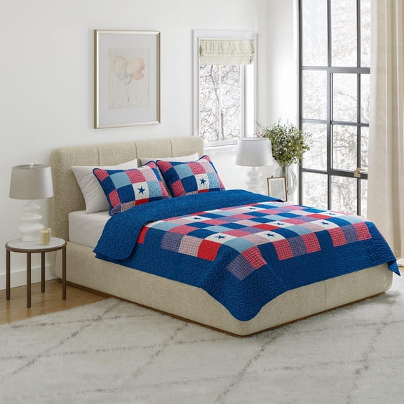 3-Piece Caroline Patriotic Quilt Set - Microfiber Americana Stars and Plaid Patchwork Bedding - King Bed Spread with 2 Pillow Shams by