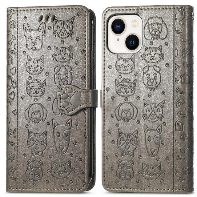Funda Cartera FOXDOCK para iPhone 14 , Flip PU con Relieve de Gatos y Perros, Tarjetero y Soporte
