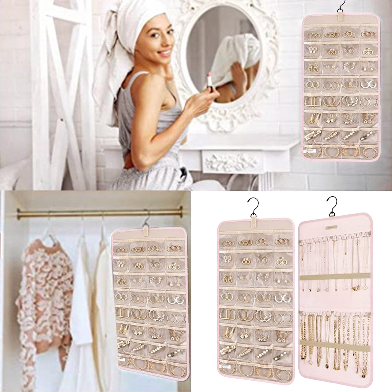 XKHHLH Hanging Jewelry Organizer Storage Roll with Hanger Hooks Double-Sided Jewelry Holder for Earrings, Necklaces, Rings on Closet, Wall, Door