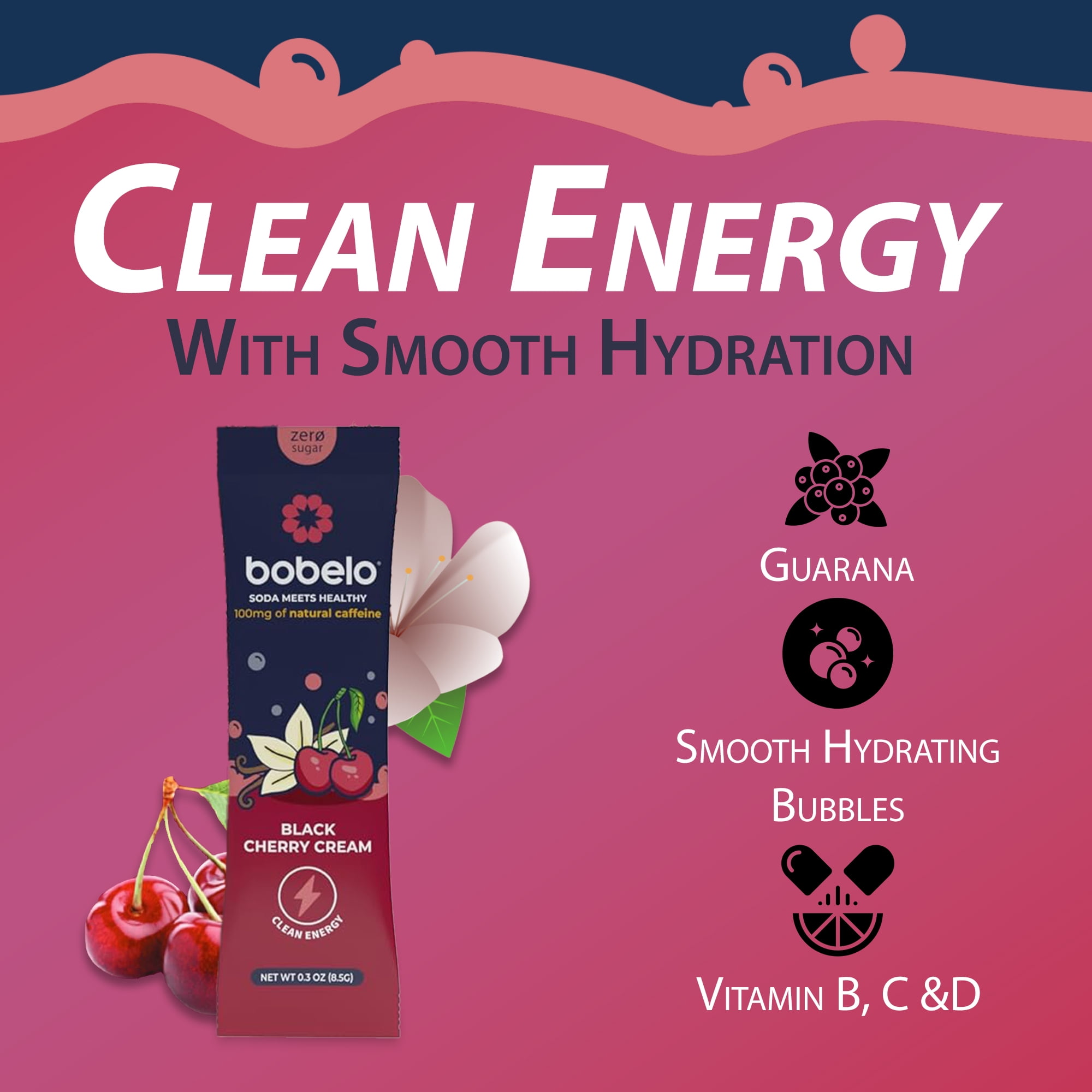 Bobelo Black Cherry Flavor Powdered Energy Drink Mix with 100mg Caffeine, 15 Counts, 0.3 oz
