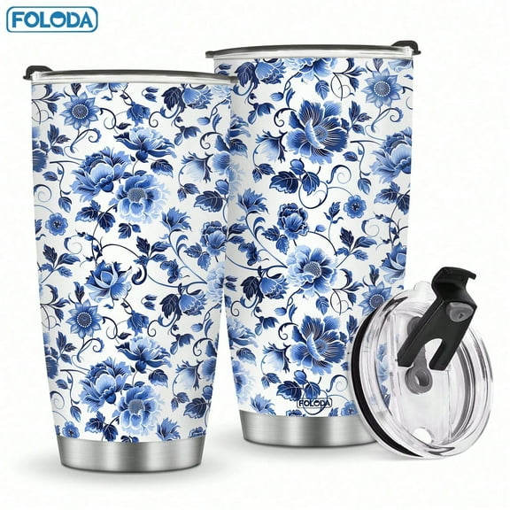 Foloda 1pc Blue Flowers Lover Gifts 20oz Tumbler Stainless Steel Mug Insulated Travel Mug with Lid Gift for Birthday Valentine's Day Christmas Gift for Women Mom Grandma Travel Accessories Car Cup Co