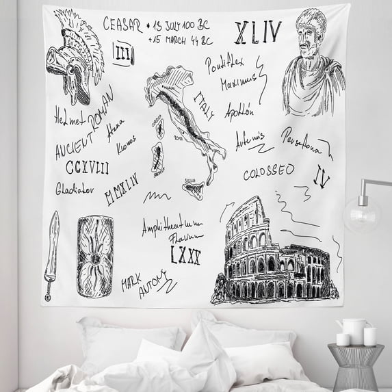 Retro Tapestry, Roman Period Caesar Colosseum Gladiator and Map Sketch Art, Fabric Wall Hanging Decor for Bedroom Living Room Dorm, 5 Sizes, Black and White, by Ambesonne