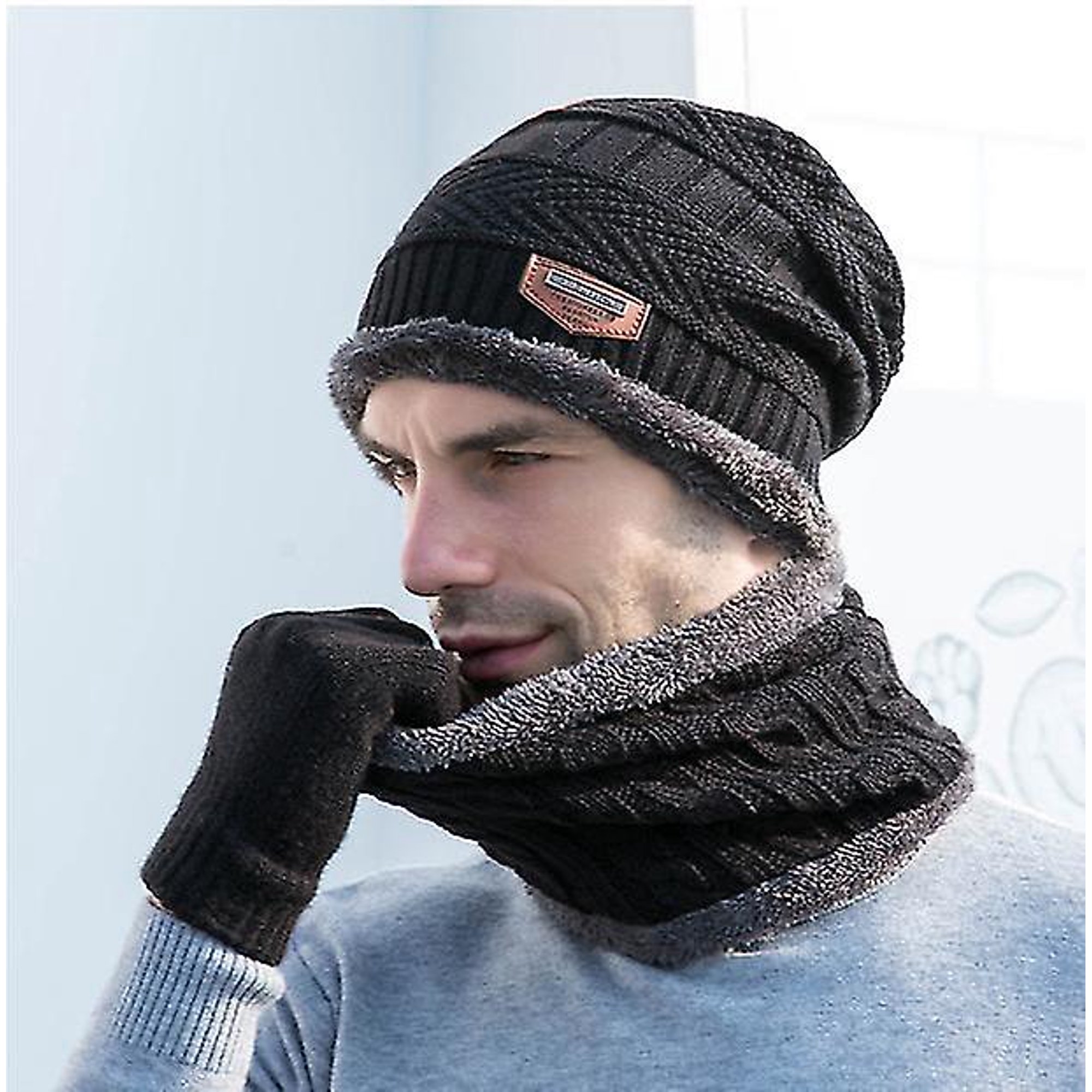 Qjc26 Men Winter Warm Hat Knit Visor Beanie Fleece Lined Billed Beanie
