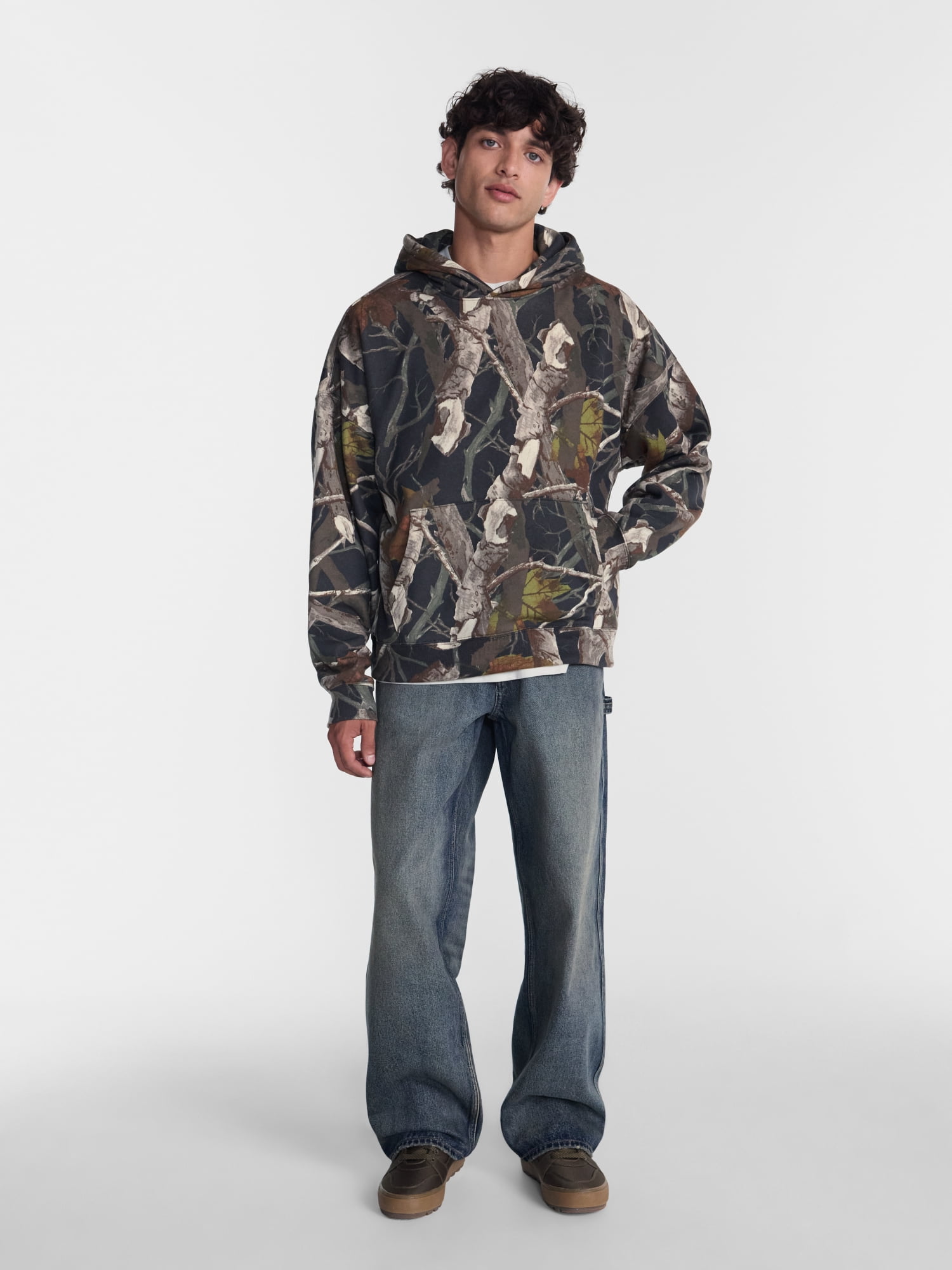 No Boundaries Boxy Fit Oversized Fleece Hoodie with Long Sleeves, Men's XS-4XLT