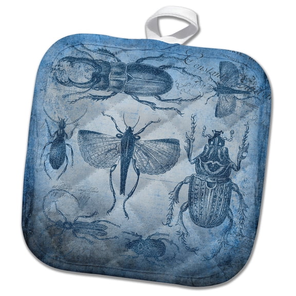 3dRose, Vintage Drawing Of Bugs And Beetles In Blue, 8x8 Potholder
