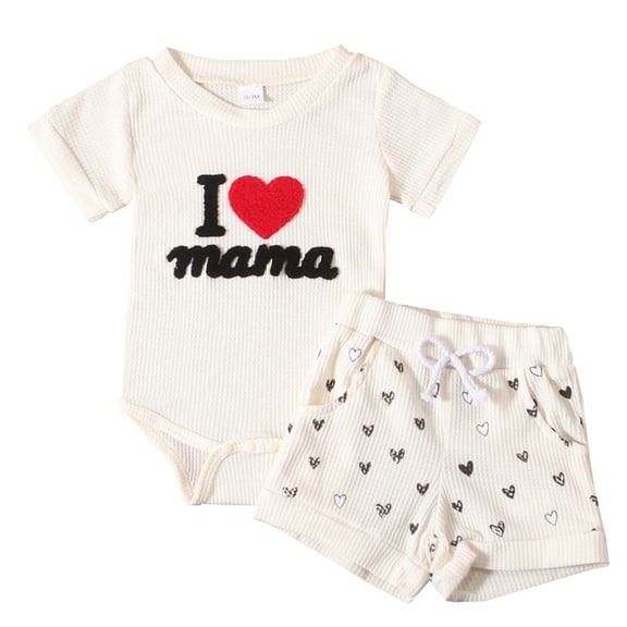 Faraee Baby Boy Girl Mother's Day Outfit Ribbed Short Sleeve Romper Shirt Shorts Set Infant Newborn 2 Piece Summer Clothes 0 3 6 12 18 Months White
