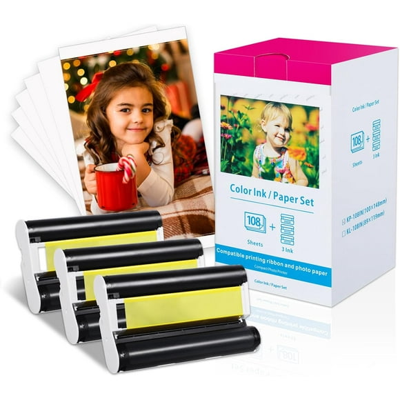 Compatible Canon Selphy CP1500 CP1300 Paper and Ink for Selphy Photo Printer CP1500 CP1300 CP1200 CP910 CP800 CP780 4x6 inch, KP-108IN 3X KP-36IP Photo Paper 108 Sheets and 3 Color Ink Cassette