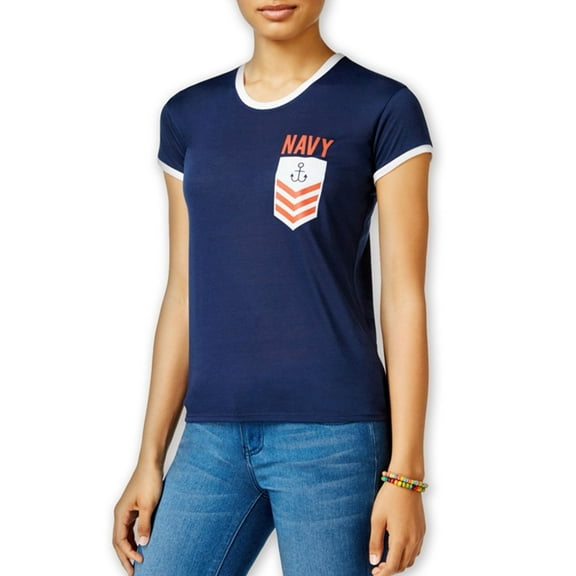 Mighty Fine Womens Navy Pocket Graphic T-Shirt, Blue, Juniors, X-Small