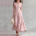 thumbnail image 6 of ChaoHeng Summer Dress Maxi Dresses for Women Solid V Neck Sleeveless Button Layer Ruffle Flowy Long for Pink M, 6 of 8