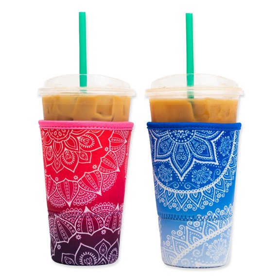 Baxendale and Co 2-Pack Large (32oz) Reusable Neoprene Insulator Sleeve for Iced Coffee or Cold Beverage Cups (Blue & Pink Mandala)