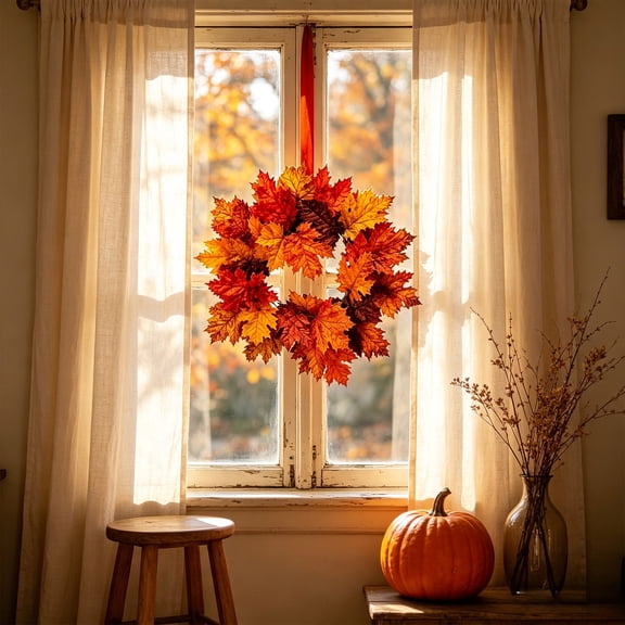1PCS Fall Maple Leaves Hanging Wreath, Mini Fall Wreaths for Kitchen Cabinets, Thanksgiving Maple Leaves Farmhouse Door Mantle Wall Hanging, Thanksgiving Candle Ring Table Decoration