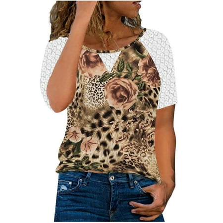 

kakina CMSX Womens Beach Tops Fashion Printed T-shirt Short Sleeves Blouse Round Neck Casual Lace Tops Casual Loose T Shirts Khaki XL