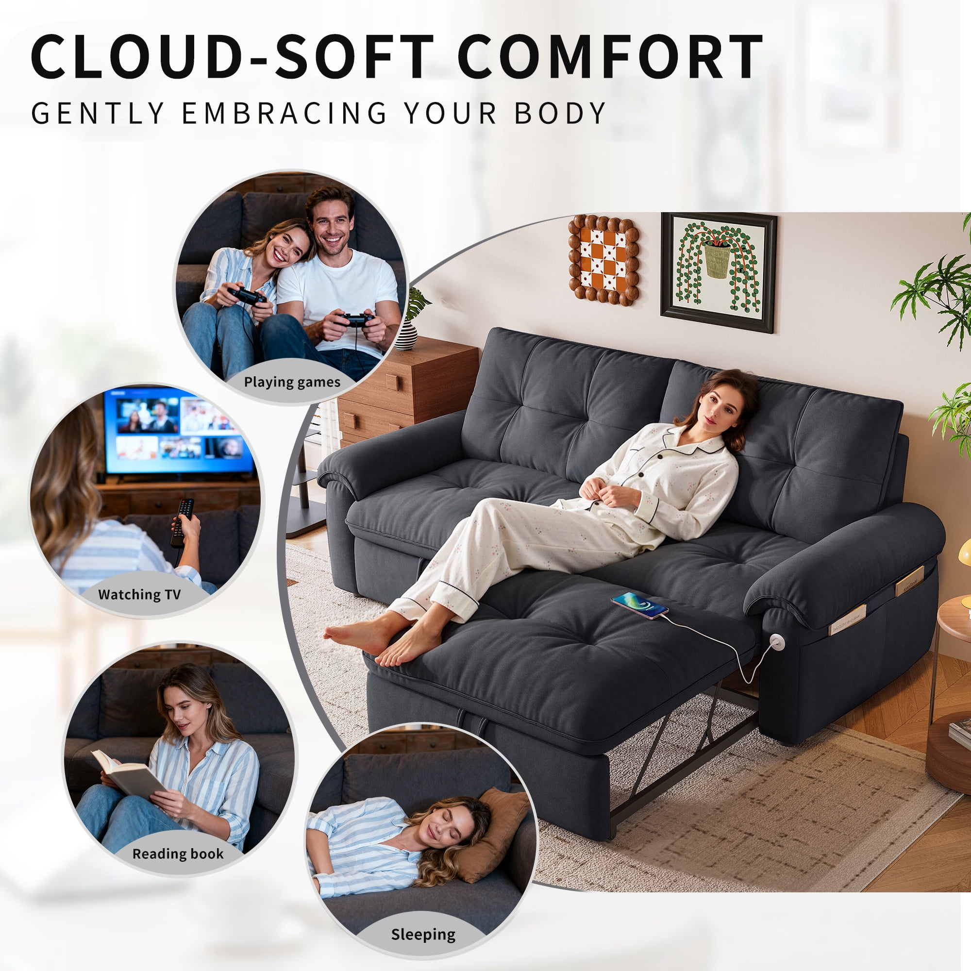 LLappuil 77" Pull Out Sofa Bed Queen Size, Loveseat Sofa Convertible Sleeper Sofa Bed, Flannelette Fabric Sofa Couch for Living Room Gray