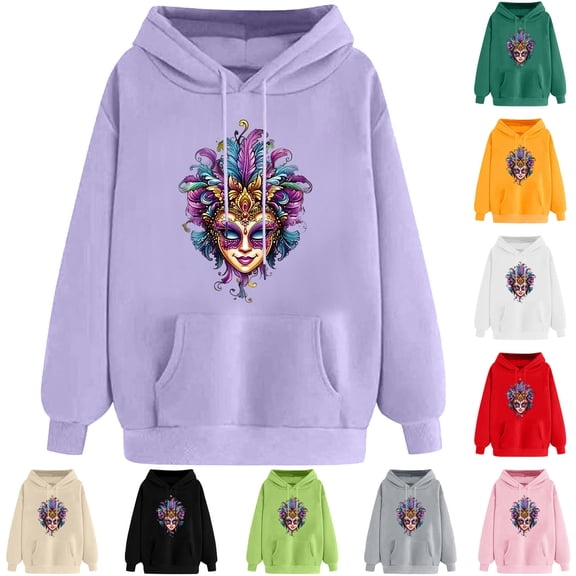 VBTAPA Women's Mardi Gras Sweatshirt Novelty Mask Graphic Hoodies Tuesday Carnival Parade Party Pullover Tops with Kangaroo Pocket Beige L